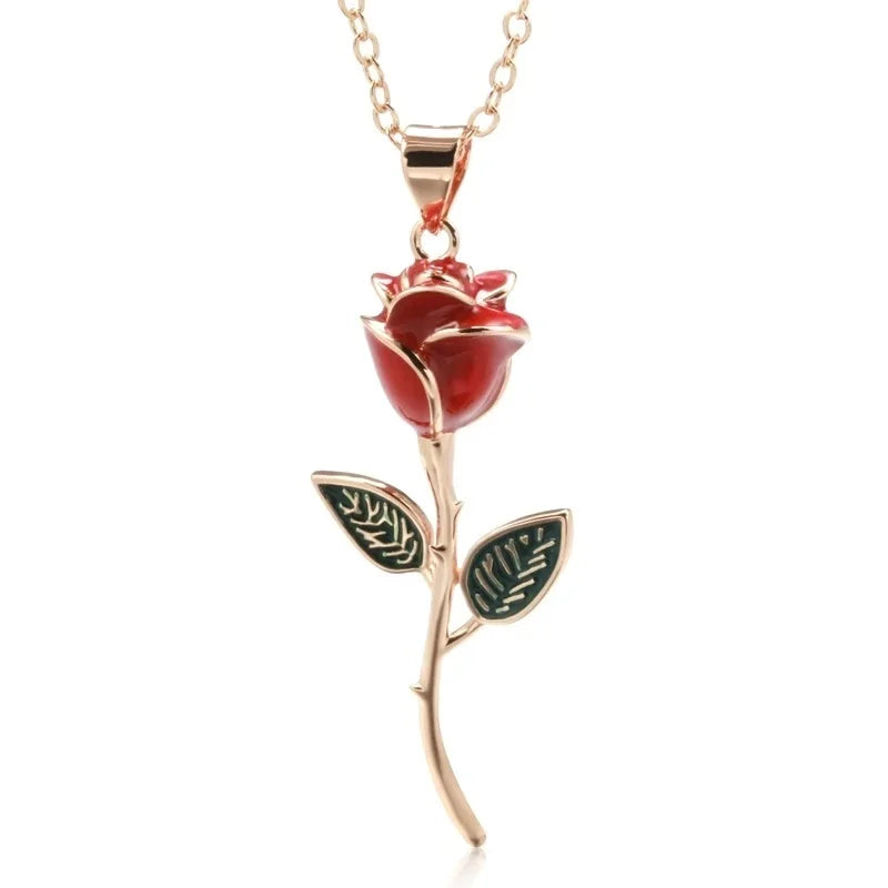 ✨ Rose Pendant Necklace – Vintage Charm in Red Enamel ✨