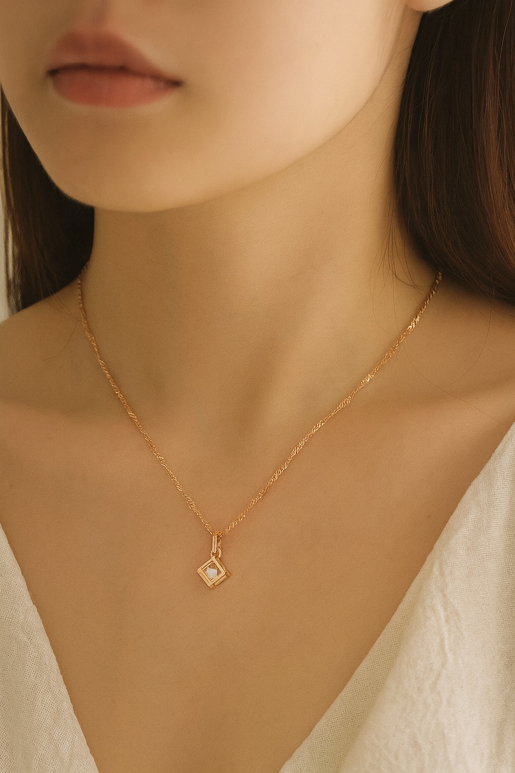 ✨ Hollow Square Pendant Necklace – Minimalist Elegance with Natural Zircon ✨