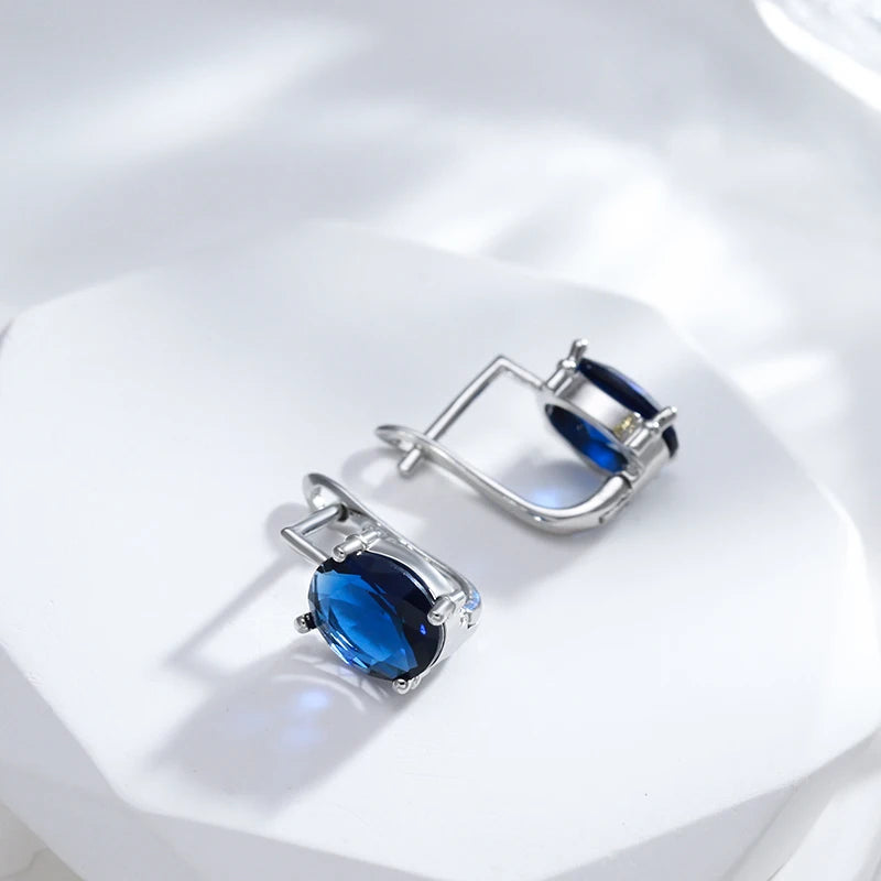 ✨ Oval Blue Zircon Earrings – Bohemian Elegance in Silver ✨
